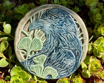 Raven Tile, Handmade Ceramic Pressed and Carved Relief |  Art Plaque Round Medallion Ceramic | Celadon Glazed Crow and Ginkgo Pottery