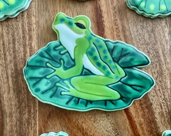 Ceramic Frog and Lily Pad Mosaic Tile, Original Design Handmade Handpainted Pond Wildlife Tile, For Crafting and Making Indoors or Out