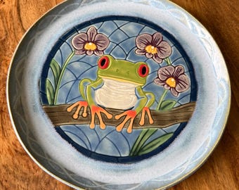 Handmade Ceramic Red-Eyed Tree Frog Orchids Plate, Rainforest Whimsical Tray