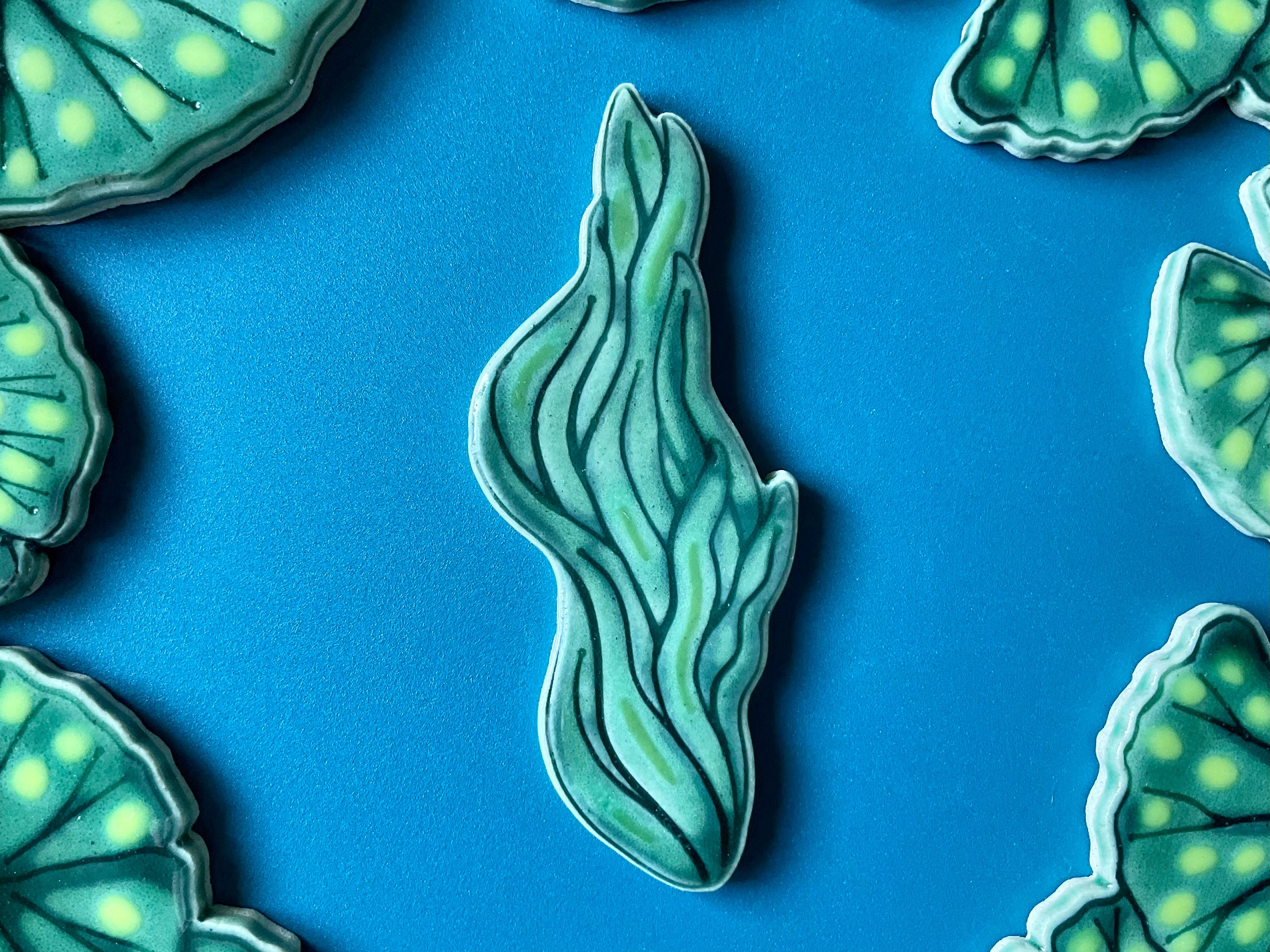 Ceramic Seaweed Mosaic Tile, Handmade Water Pond Plant Pottery Tile, Handpainted For Crafting and Making Indoors or Out
