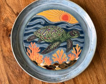 Handmade Ceramic Sea Turtle Plate – Exclusive Ocean Sunset and Honu Reef Design