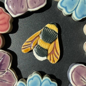 Ceramic Bumblebee Mosaic Tile, Original Design Handmade And Glazed, Flower Garden Insect Pottery Tile, For Crafting or Making Indoors or Out