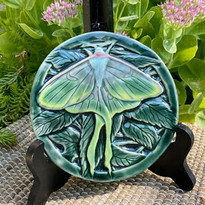 Luna Moth Tile, Ceramic Handmade Pressed, Round Glazed Medallion, Carved Relief Art Pottery, Giant Moon Moth, Mystical and Beautiful