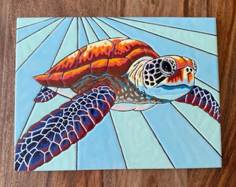 Original Design Sea Turtle Cuerda Seca Tile, One of a Kind