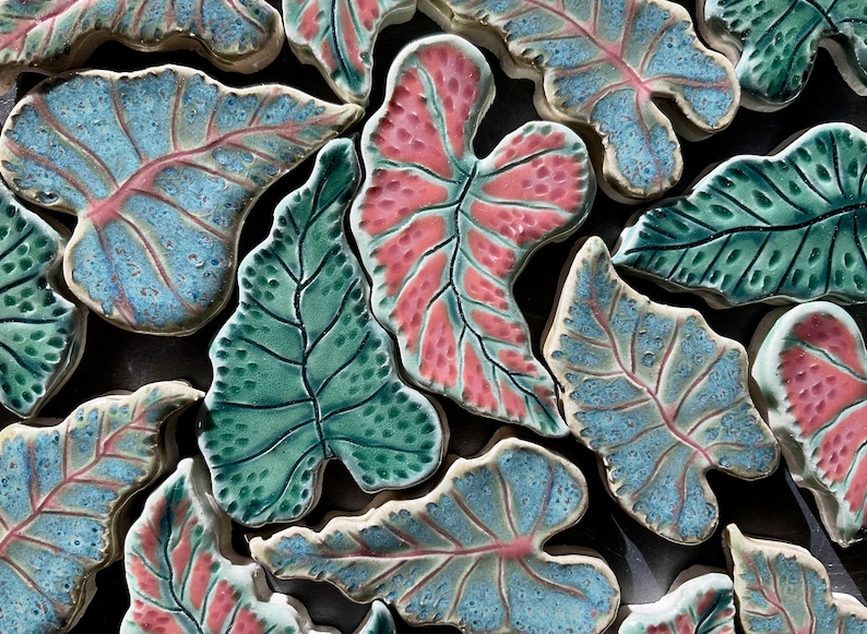Caladium Leaf Mosaic Tile, Choose From Three Types, Each Completely Unique Hand Cut Ceramic, Tropical Jungle Rainforest image 1