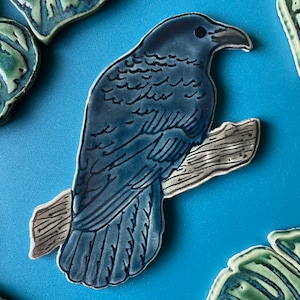 Raven Mosaic Tile, Handmade and Glazed Ceramic Crow Bird Forest Pottery Tile, For Crafting or Making Indoors or Out