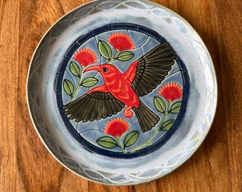 Handmade Ceramic Plate – 'I'iwi Bird, 'Ōhi'a Lehua Design, Hawai'i Art Pottery