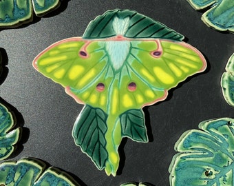 Handcrafted Ceramic Luna Moth Mosaic Tile: Original Night Garden Design For Crafting