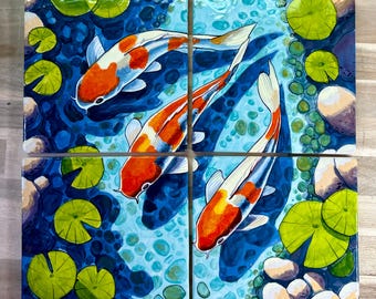 Handpainted Koi Tile Set: One-Of-A-Kind Lily Pads and Pebbles, Kiln Fired