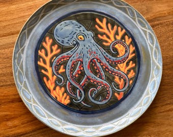 Handmade Ceramic Octopus Plate, Exclusive Studio Design, Coral Reef Octopus Art