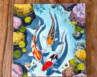 Handpainted Koi Ceramic Tile: One-Of-A-Kind Lily Pads, Colorful Stones, Kiln Fired (12x12)
