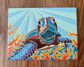Handpainted and Glazed Cuerda Seca Sea Turtle Tile, OOAK