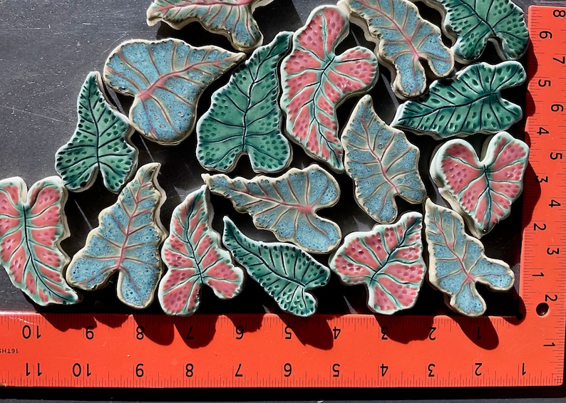 Caladium Leaf Mosaic Tile, Choose From Three Types, Each Completely Unique Hand Cut Ceramic, Tropical Jungle Rainforest image 3