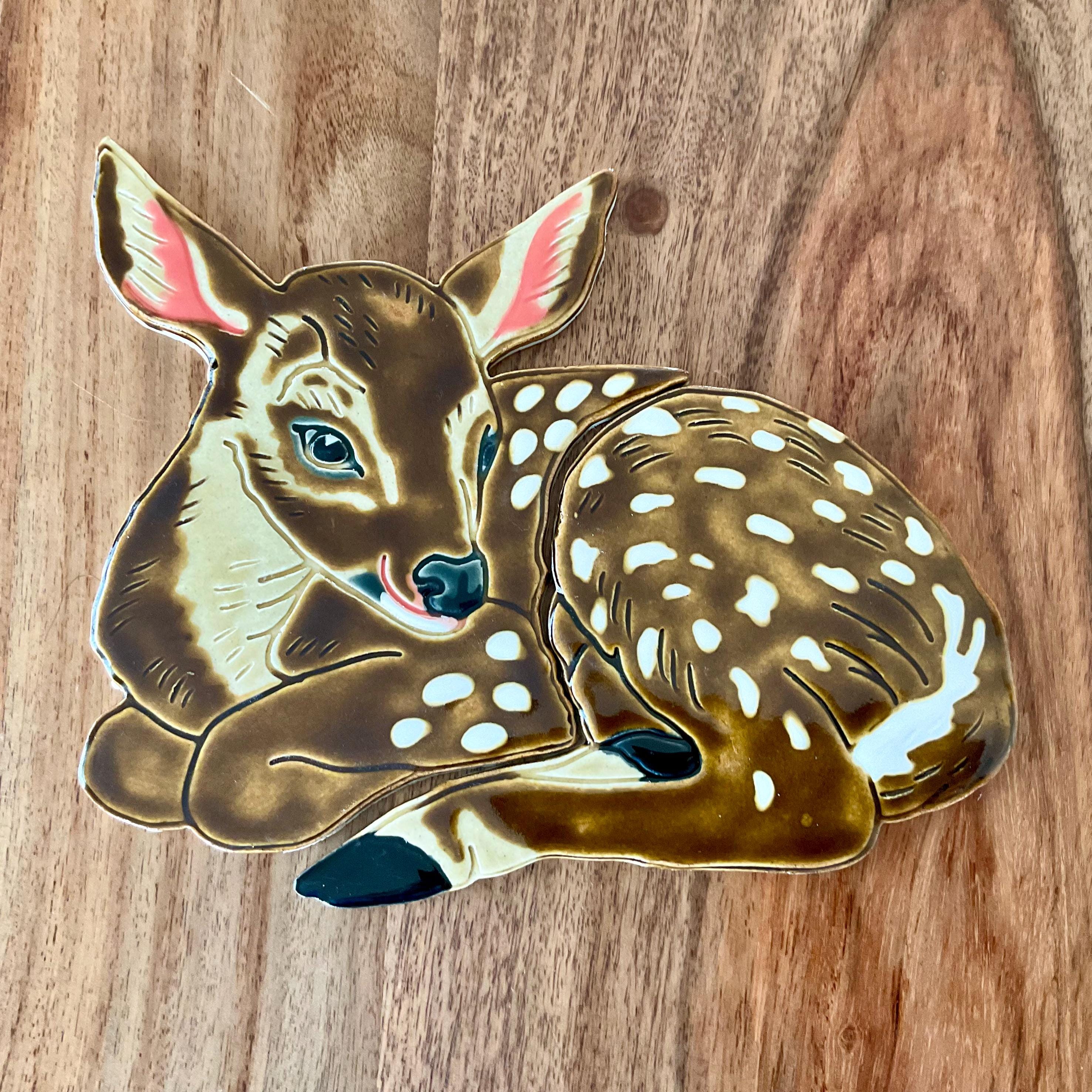 Ceramic Deer Fawn Mosaic Tile, Original Design Two Pieces, Handcrafted and Glazed, Sweet Baby Whitetail Deer, Craft or Make Indoors or Out