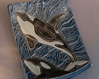 Orca Tray, Ceramic Handmade | Soapdish, Wallet, Change, Keys | Ocean Decor Killer Whale Art Pottery OOAK, Unique Decor