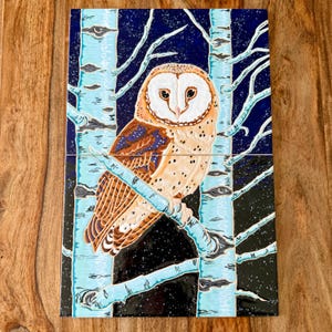 May include: A ceramic tile set featuring a detailed illustration of a barn owl perched on a branch within a birch tree forest. The owl has brown, white, and tan feathers. The background is a dark blue night sky with white stars.