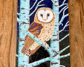 Cuerda Seca Barn Owl Tile Mural: Hand-Glazed Ceramic Art, 2 Piece Woodland Decor