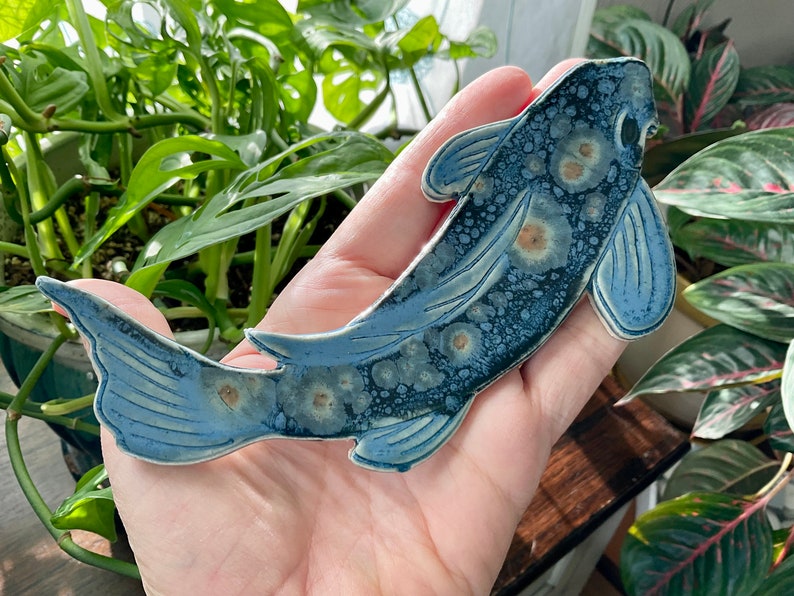 Koi Mosaic Tile, Black Blue Grey Crystalline, Five Original Designs, Handcrafted Ceramic Pond Fish, For Crafting and Making Indoors or Out Left Turning Koi