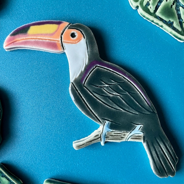 Ceramic Toucan Bird Mosaic Tile, Handmade Pottery Tile, Jungle Bird Garden, For Crafting and Making Indoors or Out