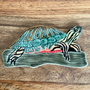 Ceramic Painted Turtle Mosaic Tile, Handmade and Handpainted Red Ear Slider Reptile Pottery Tile, For Crafting or Making Indoors or Out
