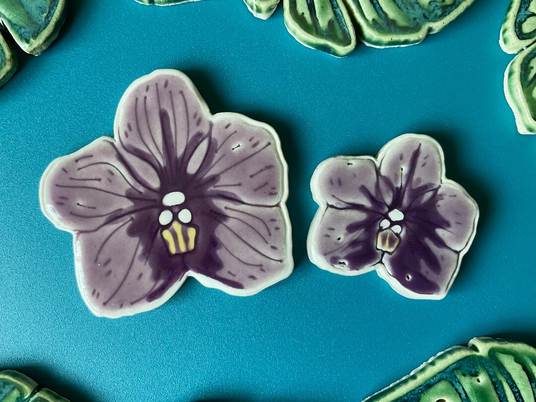 Ceramic Orchid Mosaic Tile, Small or Medium, Handmade Glazed Tropical