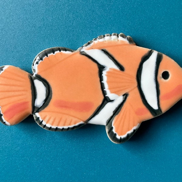 Ceramic Clownfish Mosaic Tile, Handmade Glazed Ocean Anemone Fish Pottery, For Crafting and Making Indoors and Out