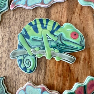 May include: A green and blue chameleon illustration perched on a branch, with a red eye, surrounded by decorative floral shapes. The artwork is set against a wooden background, creating a nature-inspired theme.