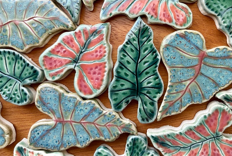 Caladium Leaf Mosaic Tile, Choose From Three Types, Each Completely Unique Hand Cut Ceramic, Tropical Jungle Rainforest image 2