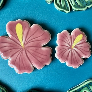 Ceramic Hibiscus Mosaic Tile, Small or Medium, Handmade Glazed Tropical Flower, For Crafting and Making Indoors or Out