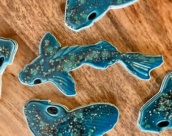 Koi Mosaic Tile, Teal, Green and Gold, Five Original Handcrafted Designs, Handmade Ceramic GoldFish, For Crafting and Making Indoors or Out