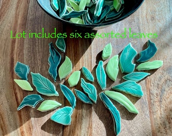 Ceramic Leaf Mosaic Tiles, Lot of Six Leaves Per Order, Fully Handmade and Glazed, Each Unique For Crafting and Making Indoors and Out