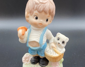 Vintage ceramic kitschy cute little boy with mushroom, ceramic kitsch decor, ceramic little boy