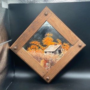 Vtg hand painted fall foliage barn scene mirror, fall decor, rustic country farmhouse home decor, decorative mirrors, pumpkin daisy field