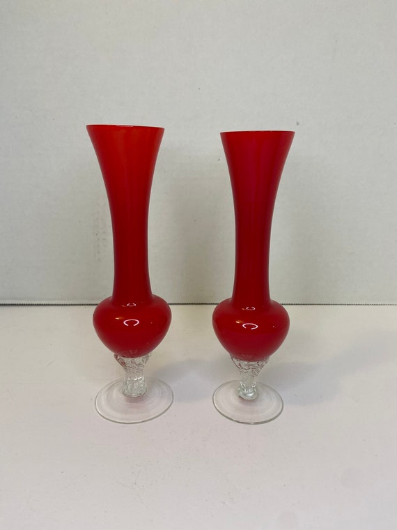 Vintage Ruby Red Glass Bud Vases With Clear Pedestal Base MCM Etsy
