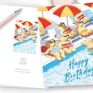 Tarjeta de cumpleaños o tarjeta de felicitación en blanco con una divertida caricatura de ositos de peluche en la piscina (descarga en PDF)