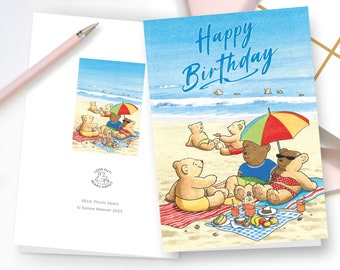 Birthday card or blank greetings card with funny cartoon of teddy bears having a picnic on the beach (PDF download)