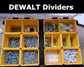 May include: A yellow plastic storage box with dividers filled with various small hardware items, including screws, nails, and other fasteners. The box is labeled "DEWALT Dividers".