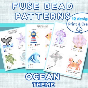 May include: Three printable fuse bead pattern sheets with an ocean theme. The designs include a whale, starfish, octopus, turtle, lighthouse, fish, jellyfish, stingray, shell, and crab. The text reads "Fuse Bead Patterns" and "Ocean Theme".