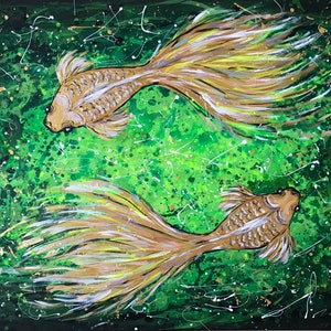 DOS GOLDFISH en agua verde profunda. Gran cuadro original. Iridiscente y metalizado. Listo para colgar.
