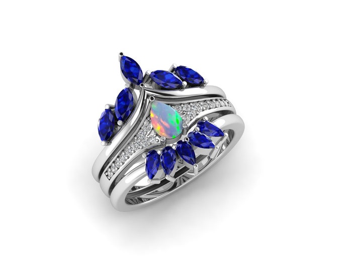 Stacking Ring Set \u2022 Stacking Silver Ring \u2022 Blue Sapphire lab ring \u2022 Elegant and classy stack rings \u2022 White Opal and CZ Ring