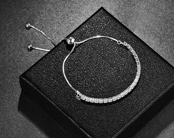Sterling Silver 925 Adjustable Crystal Bracelet Women & Girls - CZ Gemstones - Tennis Slide Bracelet - Gift Colleague Friend Mum Daughter