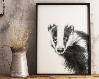 Wildlife /& Nature Gifts Wall Art Hand Drawn Animal Print Badger no2