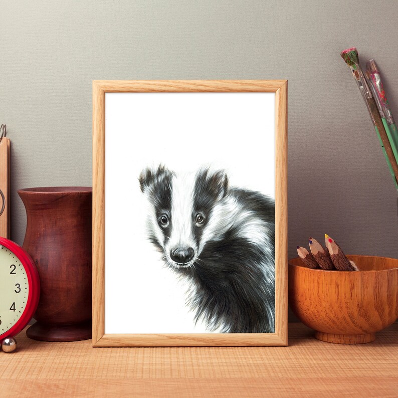 Wildlife /& Nature Gifts Wall Art Hand Drawn Animal Print Badger no2