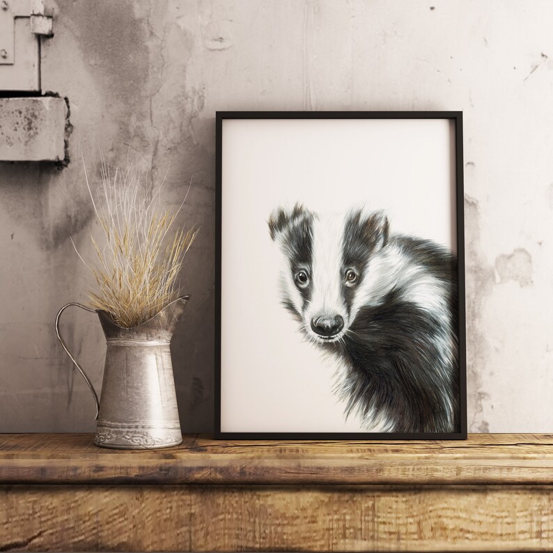 Wildlife /& Nature Gifts Wall Art Hand Drawn Animal Print Badger no2
