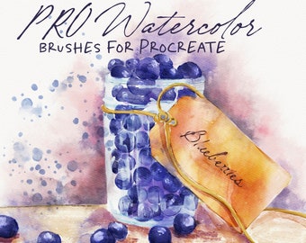 May include: A watercolour painting of a glass jar filled with blueberries, with a tag that says "Blueberries" hanging from the jar. The jar is sitting on a wooden surface, and there are a few blueberries scattered around it.