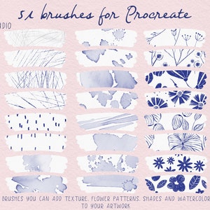 May include: 51 Procreate brushes featuring a variety of textures, flower patterns, watercolor splashes, and abstract shapes. The brushes are displayed on a pink background.