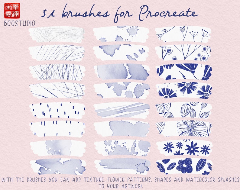 May include: 51 Procreate brushes featuring a variety of textures, flower patterns, watercolor splashes, and abstract shapes. The brushes are displayed on a pink background.
