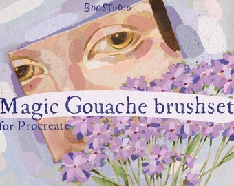 May include: A digital illustration of a brush set for Procreate, featuring a close-up of a woman's eye with a soft, painterly style. The text "Magic Gouache brushset for Procreate" is displayed in a vintage font.