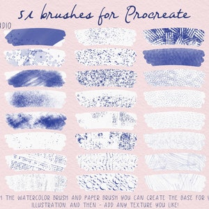 May include: 51 digital brushes for Procreate, a popular app for digital art. The brushes are designed to create textures and effects for illustrations. The image shows a variety of brush strokes in blue and white on a pink background.