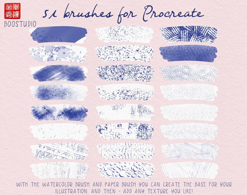 May include: 51 digital brushes for Procreate, a popular app for digital art. The brushes are designed to create textures and effects for illustrations. The image shows a variety of brush strokes in blue and white on a pink background.